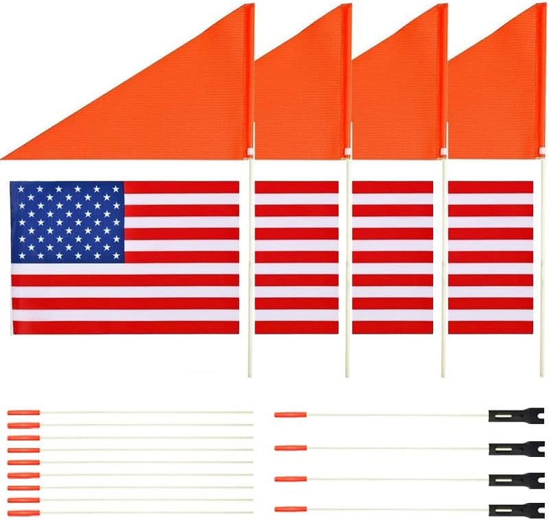 Uelfbaby 4Pcs Bike Safety and USA Flags - Six Foot Heavy Duty Fiberglass Pole, Polyester Full Color Tear-Resistant Waterproof Orange Safety and American Flags - Image 1